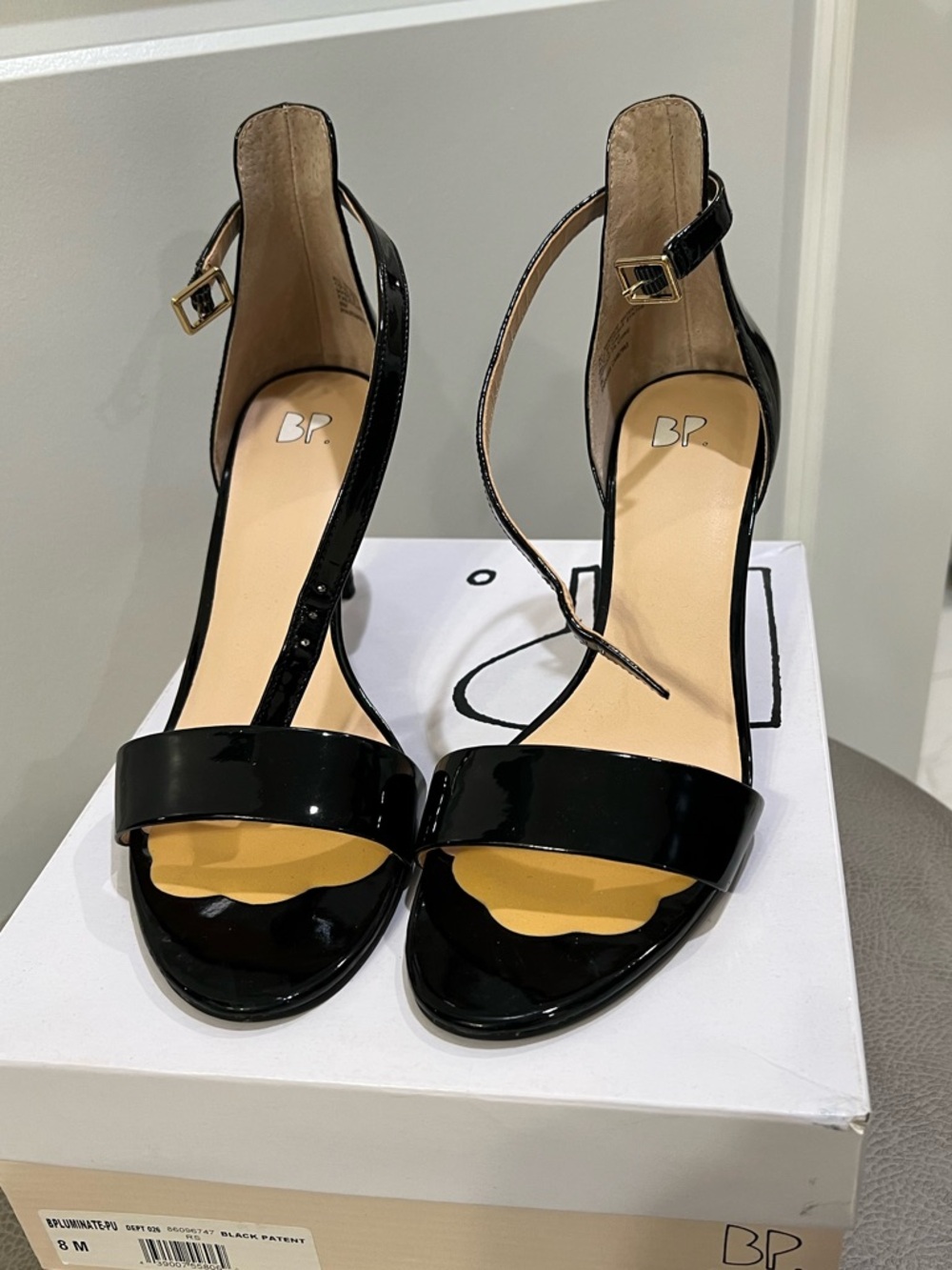 bp Black Patent Open-Toe Ankle-Strap Heels